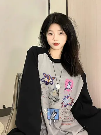 拼接撞色插肩长袖t恤女秋冬2023新款oversize宽松显瘦复古上衣潮商品大图