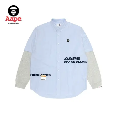 Aape旗舰店男装秋冬猿颜徽章字母刺绣假两件条纹长袖衬衫8464XAL商品大图