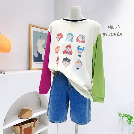 韩国东大门chic港风防晒衫2023夏款涂鸦头像薄款长袖拼色T恤欧货图片