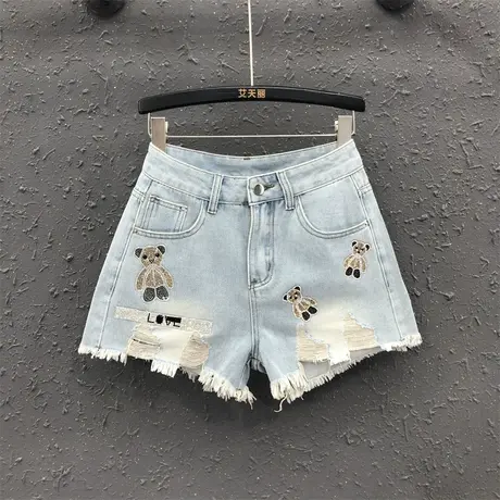 欧货2023夏季新款重工烫钻破洞休闲牛仔短裤女显瘦a字阔腿裤热裤图片