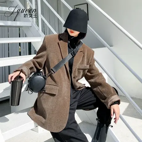 灯芯绒西装外套女春秋上衣新款复古休闲中长款廓型显瘦加绒小西服图片