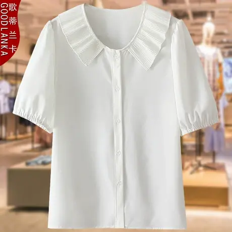中年妈妈遮肚肉衬衫上衣夏季新款2022加肥加大码女白色娃娃领T恤商品大图