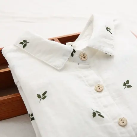 春秋日系文艺清新印花双层纱柔软亲肤长袖衬衫女学生百搭打底上衣商品大图