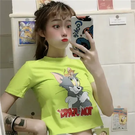 超火cec短袖女ins潮牛油果绿t恤短款修身宽松泫雅风露脐上衣女夏商品大图