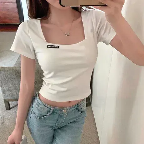 纯棉短袖t恤女新款夏装韩版修身短款设计感小众露锁骨方领ins上衣商品大图