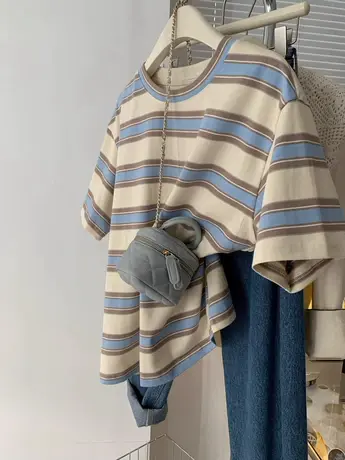 正肩条纹t恤女夏季设计感小众小个子宽松短袖体恤上衣2023新款夏商品大图