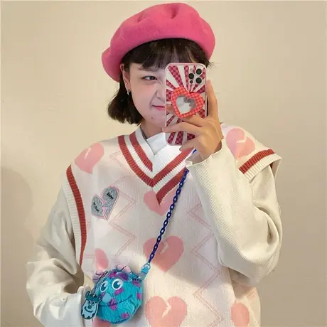 红续学院风爱心刺绣毛衣背心坎肩日系复古叠穿针织马甲女秋冬外搭图片