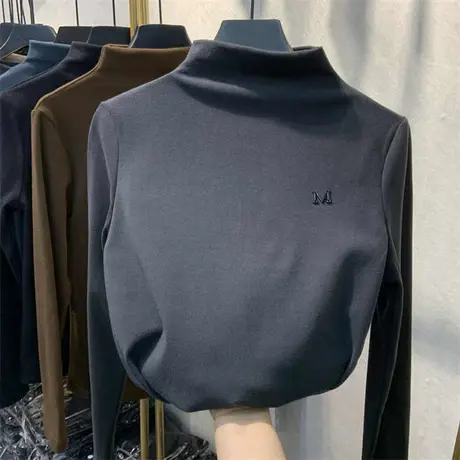 欧洲站2022秋冬新款韩版加绒半高领加厚双面德绒打底衫女洋气上衣商品大图