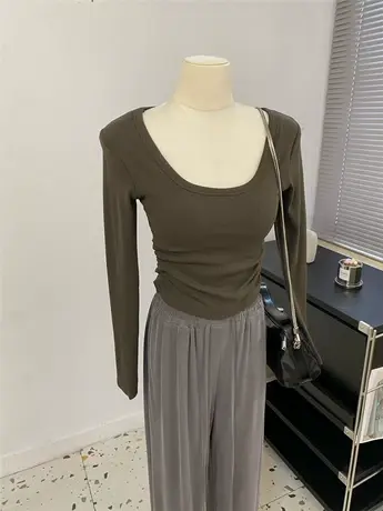 简约基础款胸前双层可塞胸垫不用穿内衣紧身长袖T恤女秋冬新打底商品大图