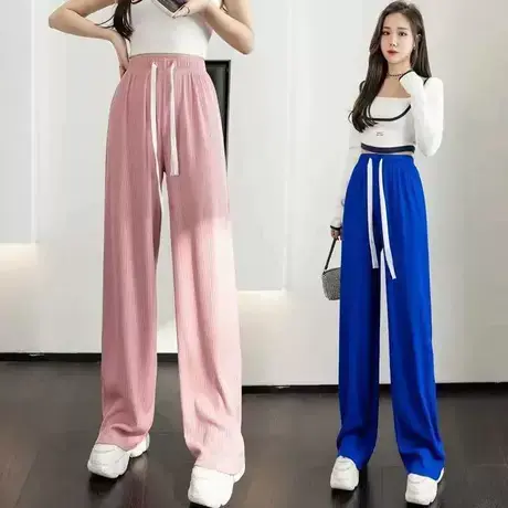 2023女春夏新款蛇骨纹阔腿裤垂感褶皱拖地裤高腰休闲百搭长裤2023图片