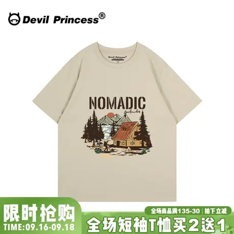 美式复古风大版宽松卡其色短袖t恤女oversize街头潮牌半袖上衣夏商品大图