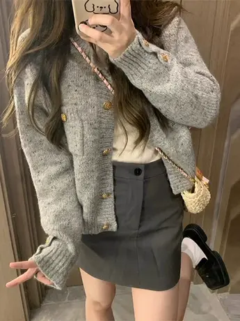 高级感开衫毛衣女秋冬外搭软糯慵懒港风复古chic宽松短款针织外套商品大图