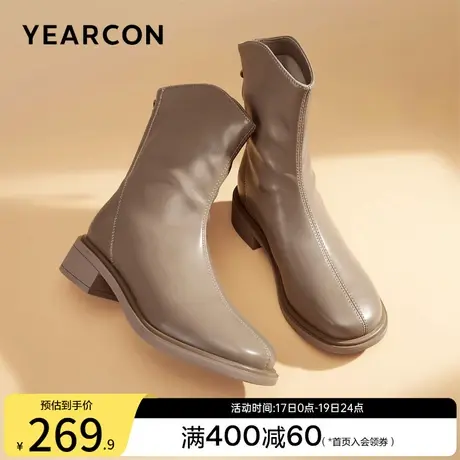 意尔康女鞋2023秋冬短靴加绒短筒皮靴小个子气质女士粗跟复古英伦商品大图