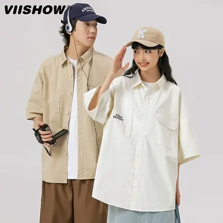VIISHOW夏季复古纯色短袖衬衫男翻领穿搭宽松休闲半袖衬衣外套商品大图