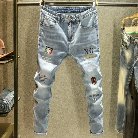 高品质欧货刺绣牛仔裤男款欧洲站印花修身小脚裤夏季蓝色百搭裤子商品大图