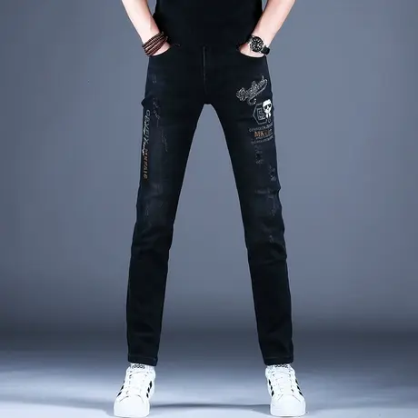 2023秋季男士牛仔裤男士款欧版时尚烫钻印花刺绣小脚修身破洞裤子商品大图
