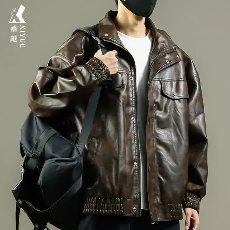 PU皮衣外套男咖色宽松大码秋冬款美式复古潮牌ins痞帅皮夹克男士商品大图