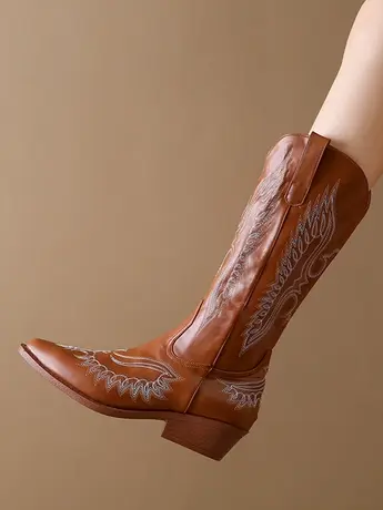 复古西部牛仔靴刺绣长筒骑士靴女尖头粗跟靴子2023夏季新款中筒靴图片