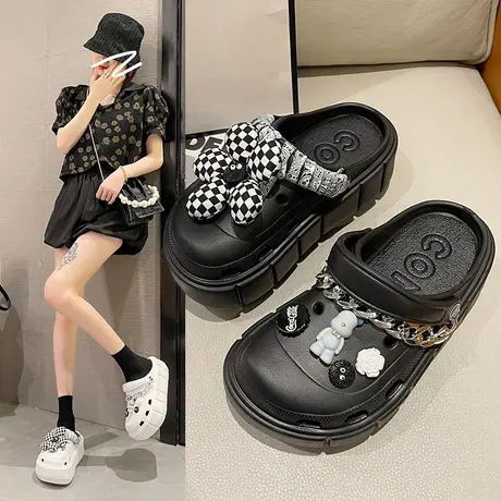 增高厚底洞洞鞋女夏季外穿时尚可爱花朵链条松糕包头防滑沙滩凉拖商品大图
