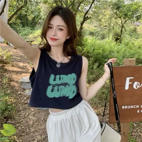 纯棉吊带运动坎肩背心无袖t恤女夏季设计感小众外穿宽松短款上衣商品大图