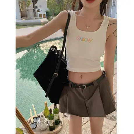运动背心女夏季带胸垫一体遮肉外穿美背短款辣妹吊带无袖打底上衣商品大图