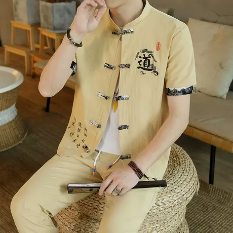 夏天棉麻套装男短袖衬衫长裤一套夏装亚麻衣服两件套唐装汉服刺绣图片