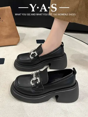 厚底乐福鞋女2024春季新款百搭法式复古高跟水钻黑色英伦风小皮鞋商品大图