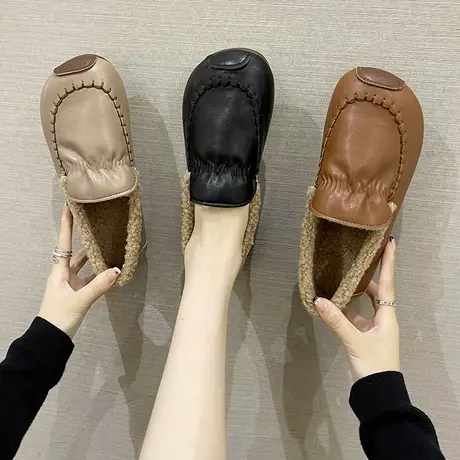 加绒小皮鞋女平底舒适一脚蹬防水棉鞋秋冬薄绒女鞋防滑软底孕妇鞋图片