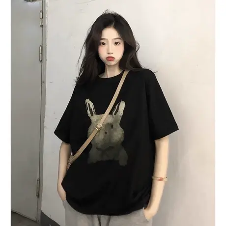 大码卡通印花正肩短袖女t恤夏季新款胖mm宽松显瘦洋气上衣2-300斤商品大图