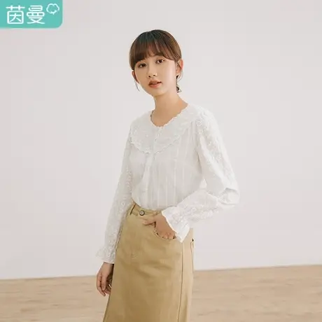 茵曼2023春装新款女蕾丝花边领浪漫喇叭袖田园风简约长袖衬衣图片