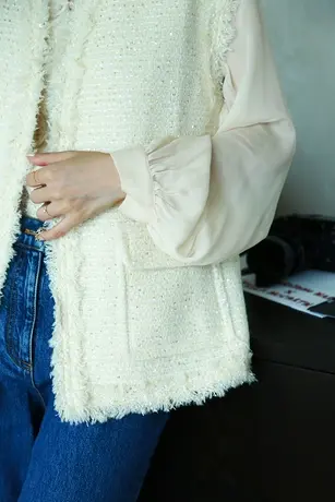 2023秋冬女装设计师新款羊毛流苏马甲粗花呢女士短外套商品大图