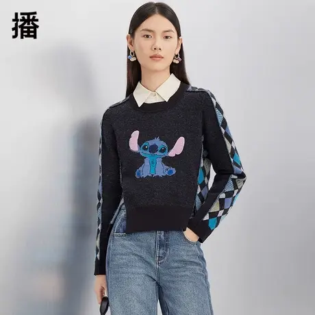播史迪奇系列提花针织衫女秋冬复古设计感短款开叉毛衣BDQ4SD1258商品大图