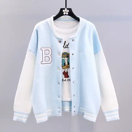 拼色字母棒球服毛衣外套女秋冬2023年新款宽松学院风休闲针织开衫图片