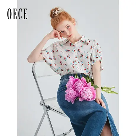 Oece复古碎花短袖衬衫女2023夏季新款女装设计感小众上衣衬衣图片