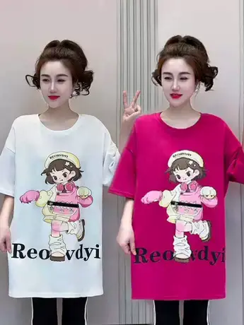 韩版卡通女孩印花t恤女2023年夏季新款宽松休闲风中长款短袖体恤商品大图