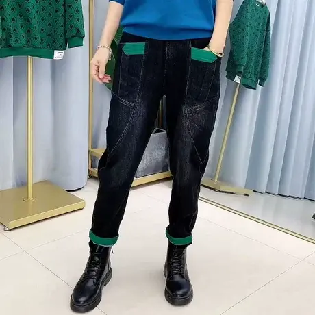 松紧腰复古牛仔裤女2023秋季新款做旧大码宽松休闲口袋九分哈伦裤商品大图