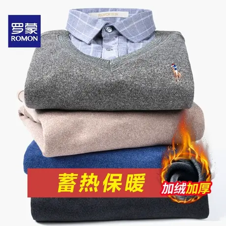 Romon/罗蒙冬季加绒加厚保暖衬衫男士假两件针织休闲宽松毛衣衬衣商品大图