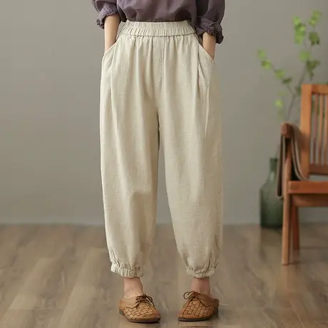 dza 高腰显瘦苎麻休闲裤女2023夏季九分直筒哈伦裤宽松百搭棉麻裤商品大图
