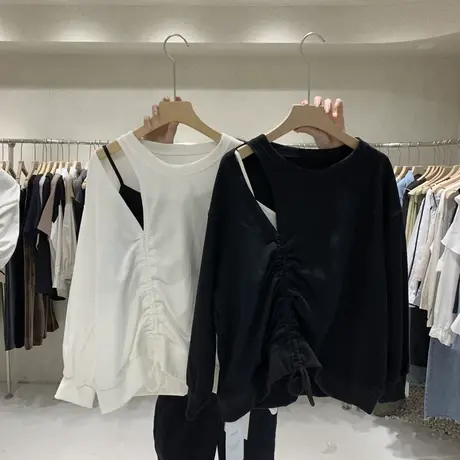 卫衣女春秋薄款2021新款韩版ins潮纯色百搭漏肩吊带假两件上衣服图片