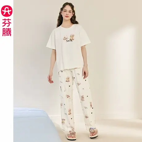芬腾女士睡衣夏季薄款纯棉短袖长裤套装女款休闲加大码夏天家居服商品大图