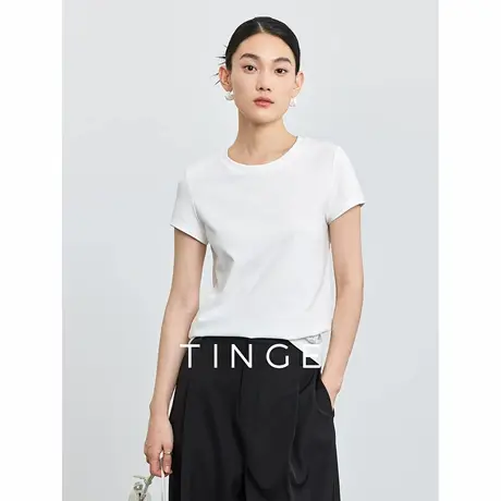 TINGE贴己显瘦修身飞袖正肩T恤女夏季新款服装设计感外穿短袖上衣图片