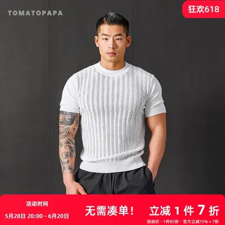 TOMATOPAPA夏季镂空凉感圆领波浪纹男士短袖针织衫百搭半袖t恤男商品大图
