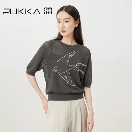 蒲PUKKA 原创女装2023春装新品镂空绣花纯棉经典圆领短袖针织衫图片