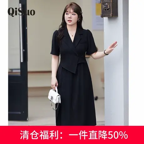 显瘦大码胖MM假两件套装连衣裙短袖夏季新款气质西装领收腰小黑裙图片