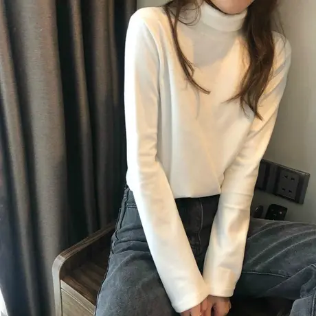 2023春秋冬季新款内搭白色加绒打底衫高领洋气黑色德绒长袖t恤女图片