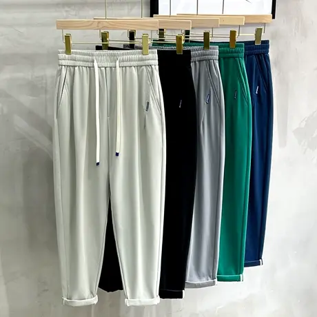 男士裤子夏季薄款潮流修身透气松紧腰冰丝休闲裤九分裤男直筒潮牌商品大图