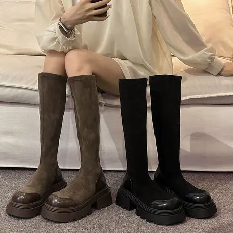 厚底靴子女春秋长筒靴女不过膝小个子黑色长靴弹力瘦瘦高筒骑士靴图片