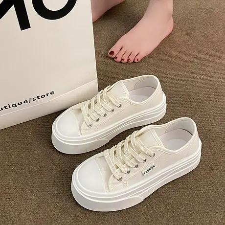 厚底透气帆布鞋女2023新款夏季运动休闲鞋增高系带软底小白鞋板鞋商品大图