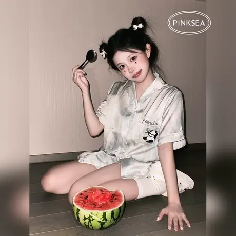 冰丝睡衣女款2025新款夏高级感熊猫短袖短裤长裤夏季家居服套装商品大图