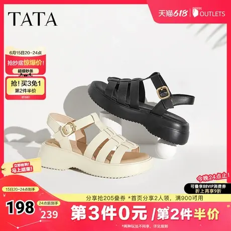 Tata他她休闲厚底猪笼鞋女鞋罗马凉鞋沙滩凉鞋25夏新奥莱YEW01BL4图片